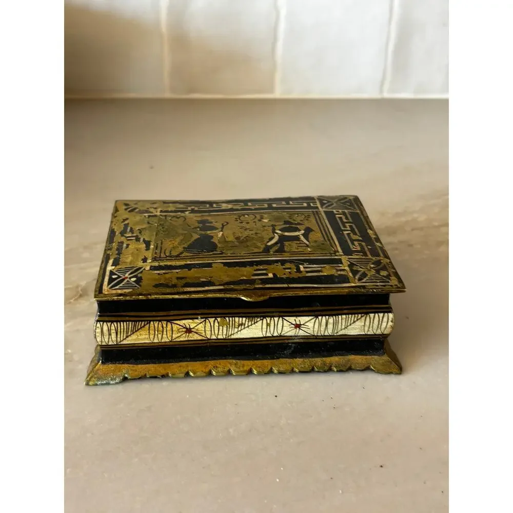 Vintage Brass & Black Lacquer Trinket Box Greek Key Classical Scene Jewelry Box